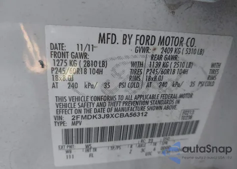 2012 Ford Edge Sel z USA, uszkodzony, nr VIN 2FMDK3J9XCBA56312